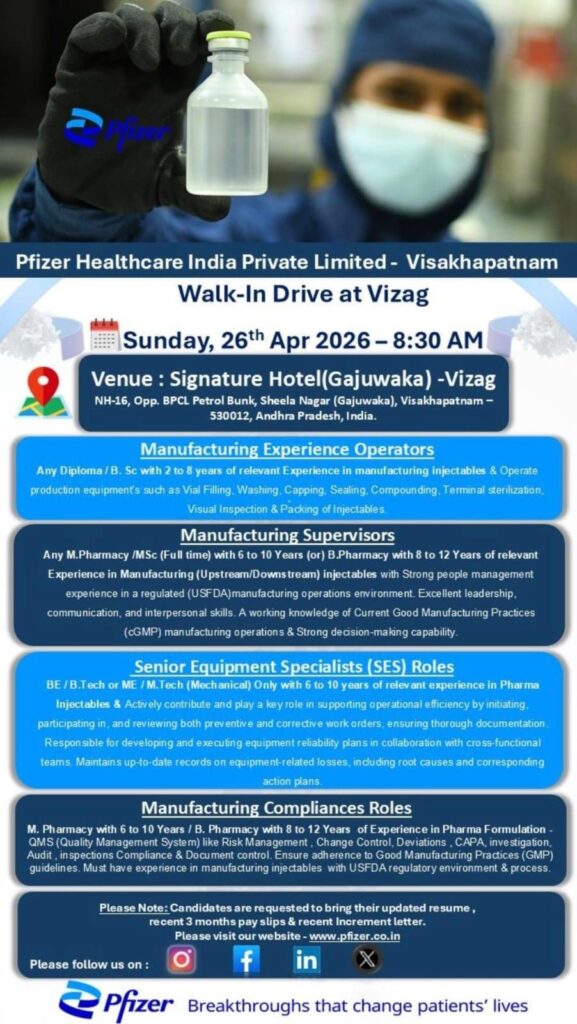 Pfizer Healthcare India Walk-In Drive 2026 – Vizag