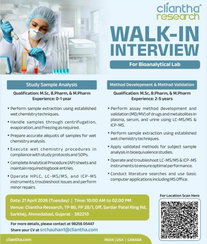 Walk-In Interview at Clinatha Research | Bioanalytical Lab Hiring