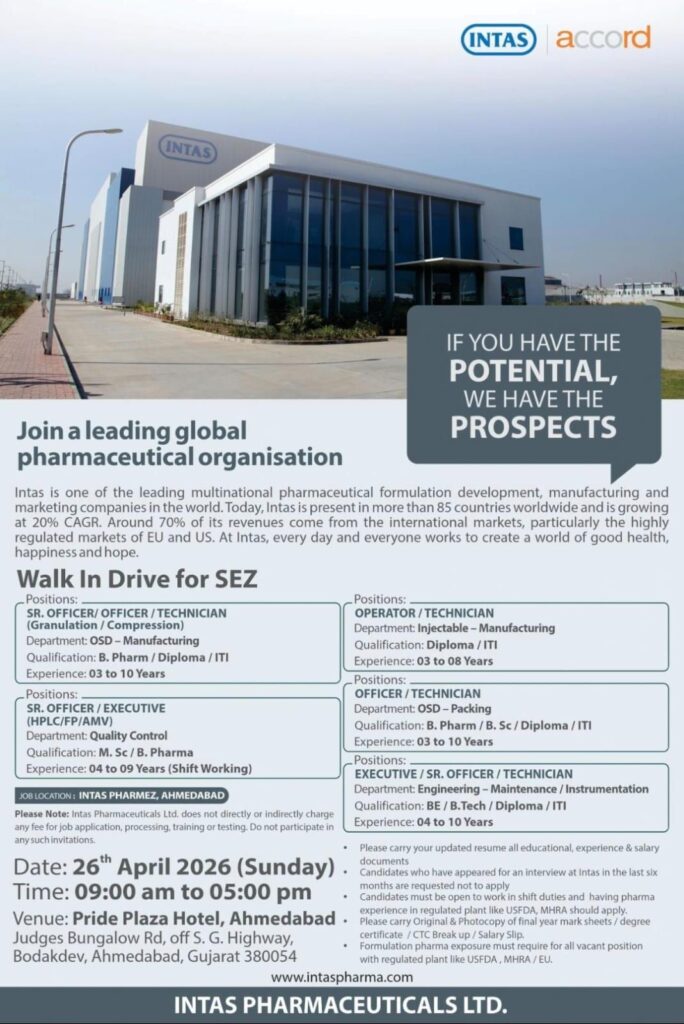 Intas Pharmaceuticals Walk-In Drive | Multiple Openings