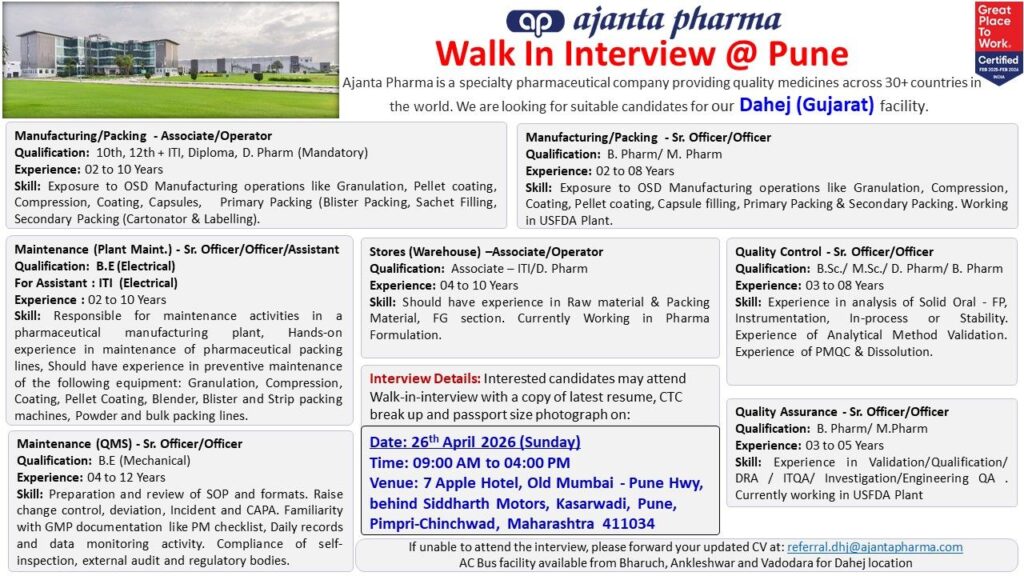 Ajanta Pharma Walk-In Interview at Pune