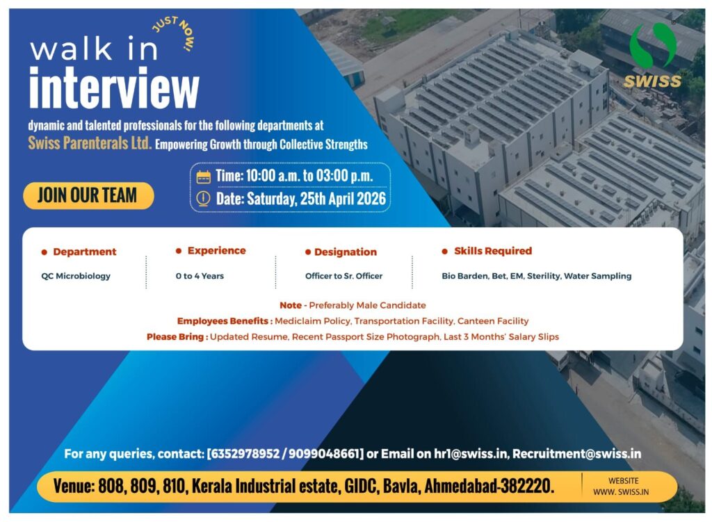 Swiss Parenterals Ltd. Walk-In Interview for QC Microbiology Jobs