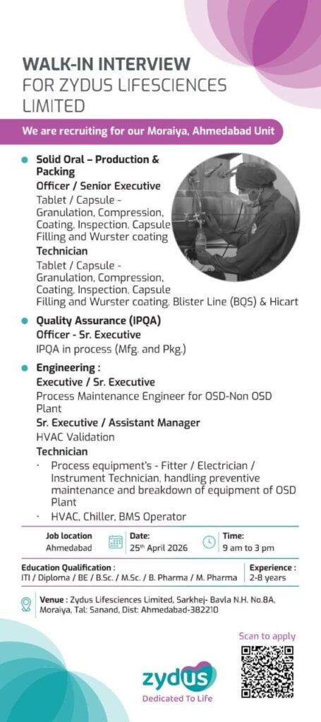 Walk-In Interview at Zydus Lifesciences Limited