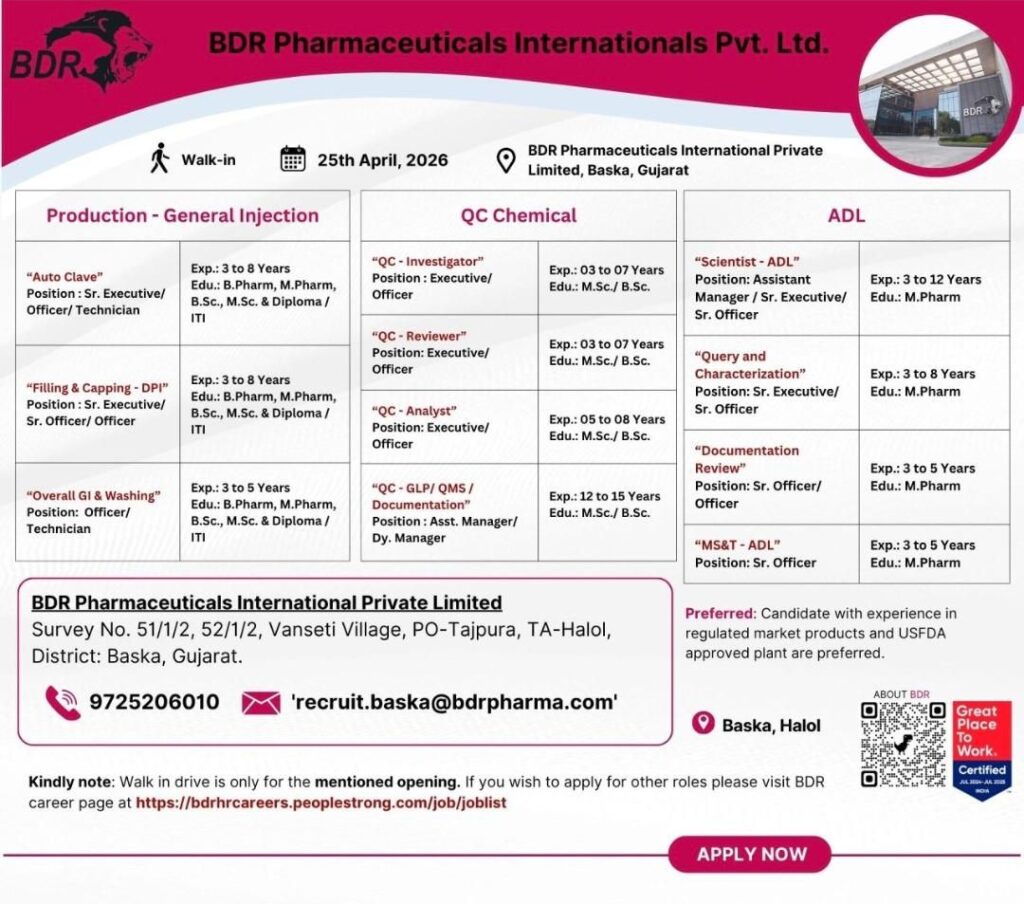 BDR Pharmaceuticals Walk-In Interview | Production, QC & ADL Jobs