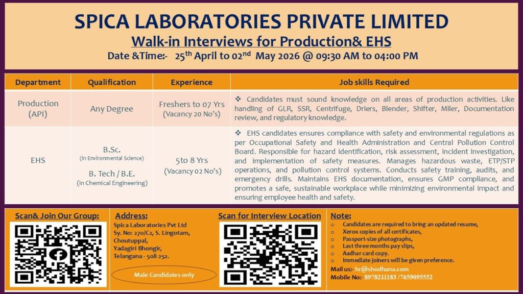 Spica Laboratories walk-in interview for Production (API) & EHS roles