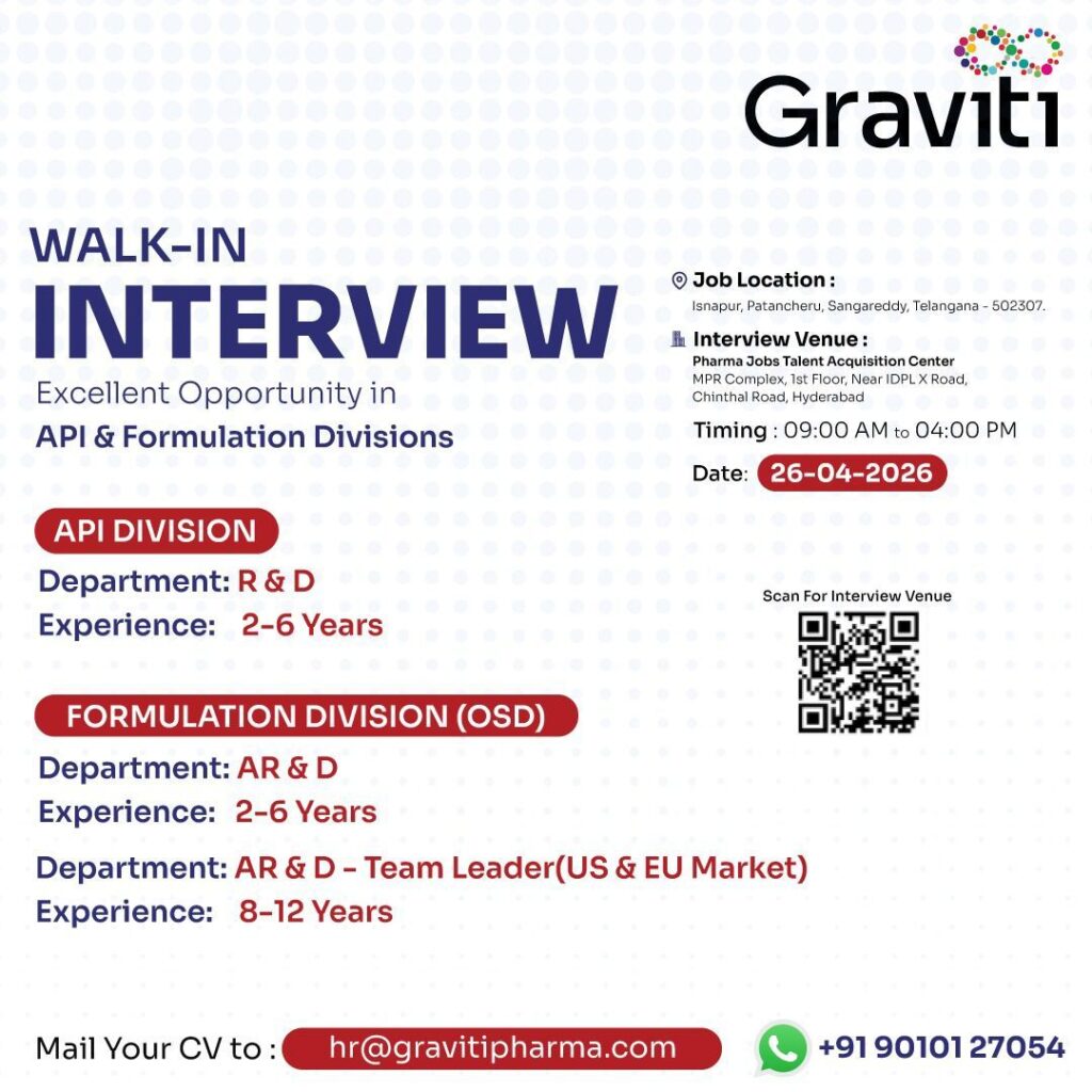 Graviti Pharma Walk-In Interview 2026 | API & Formulation R&D Jobs | Hyderabad Hiring