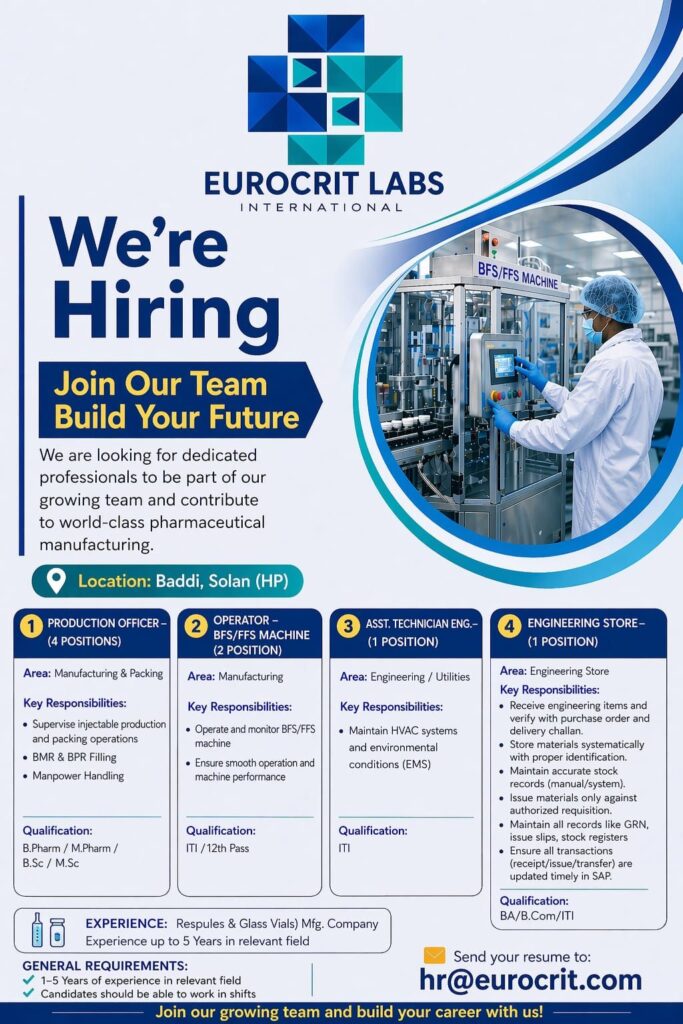 Eurocrit Labs Hiring | Pharma Jobs in Baddi 