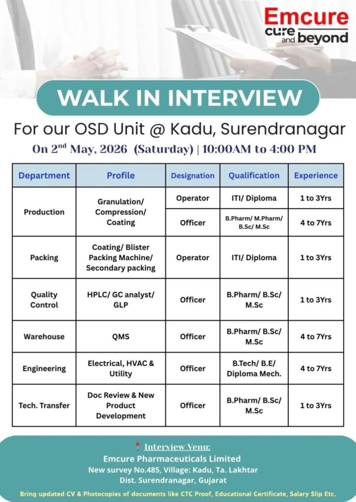 Emcure Pharmaceuticals Walk-In Interview 2026 | Jobs in Gujarat