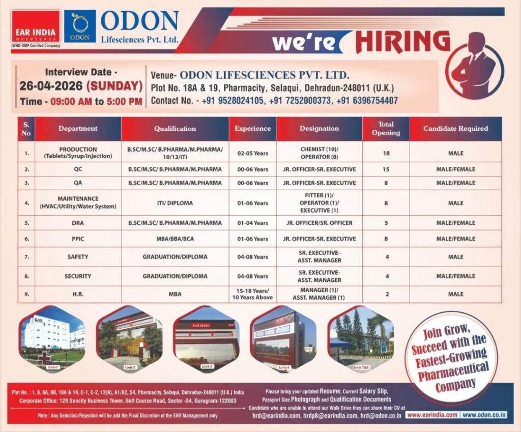 Odon Lifesciences Walk-in Interview 2026 | Pharma Jobs in Dehradun jobs