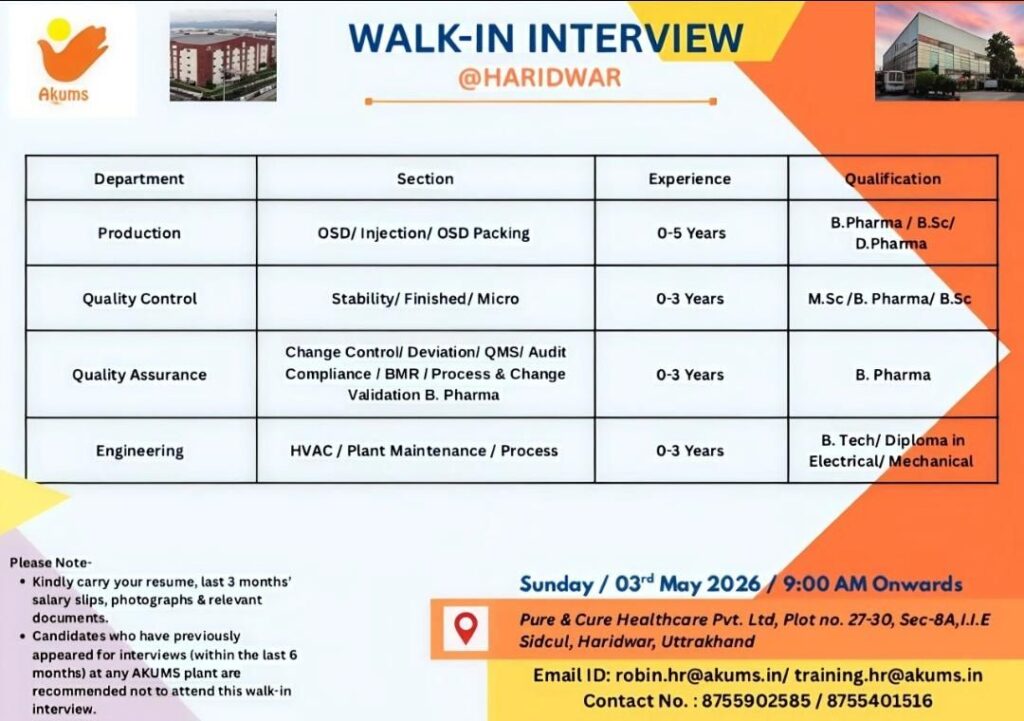 Akums Lifesciences Walk-in Interview| Freshers & Experienced | Haridwar