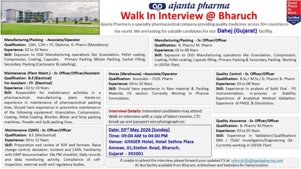 Ajanta Pharma is conducting a walk-in interview at Bharuch