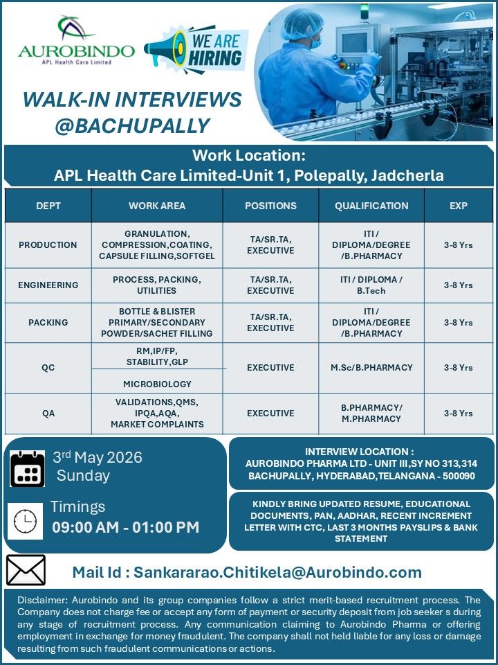 Aurobindo Pharma Walk-in Interview | Production, QC, QA, Engineering Jobs