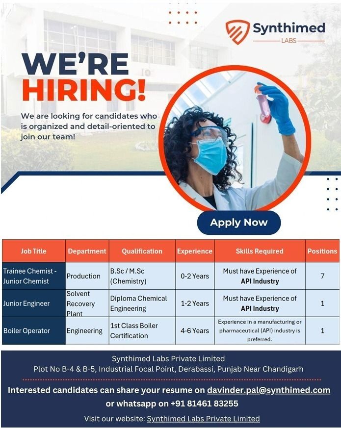 Synthimed Labs Hiring| Trainee Chemist, Engineer & Boiler Operator Jobs