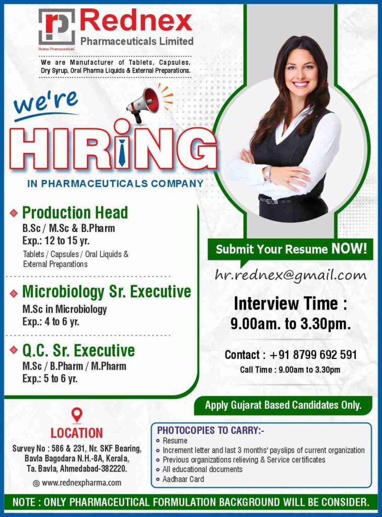 Rednex Pharmaceuticals Hiring for Production Head, QC & Microbiology Jobs 