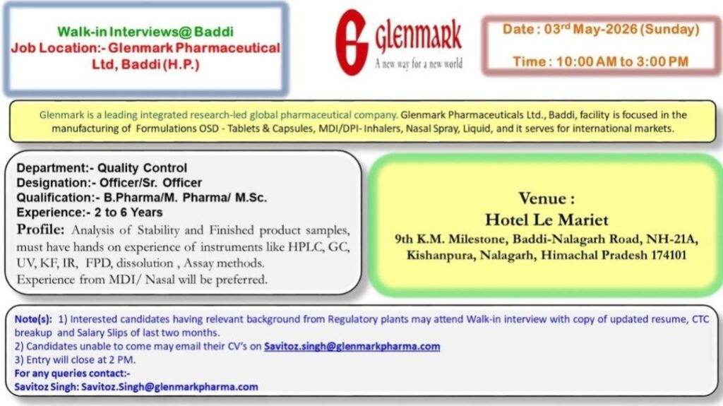 Glenmark Walk-In Interview for QC Officer | Baddi Pharma Jobs