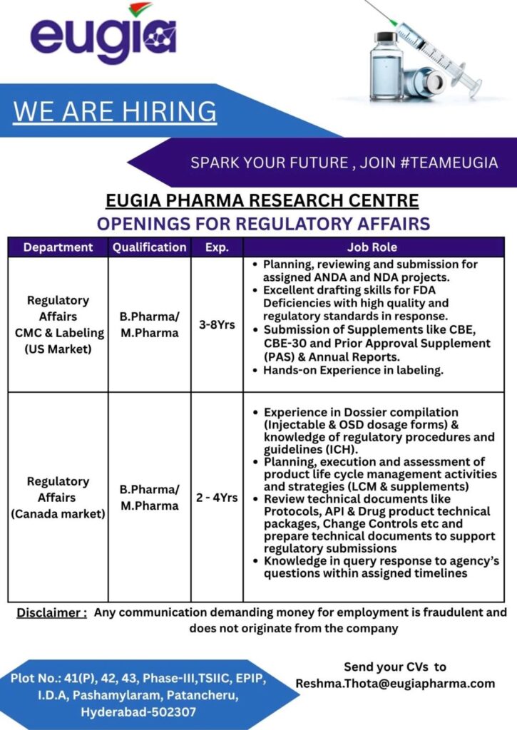 Eugia Pharma Regulatory Affairs Jobs 