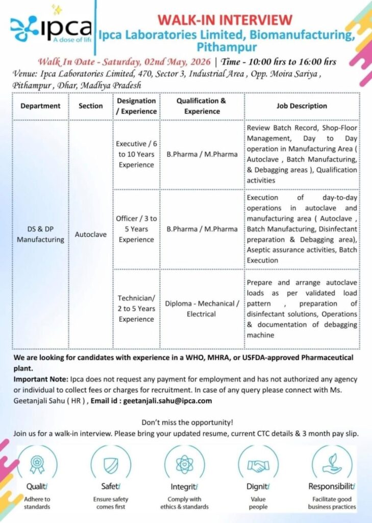 Ipca Laboratories Walk-In Interview | Pharma Manufacturing Jobs in Pithampur