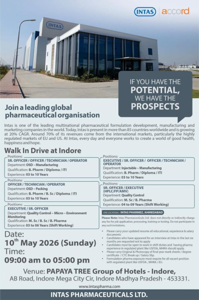 Pharma Jobs| Intas Walk-In Drive for QC & Manufacturing Roles
