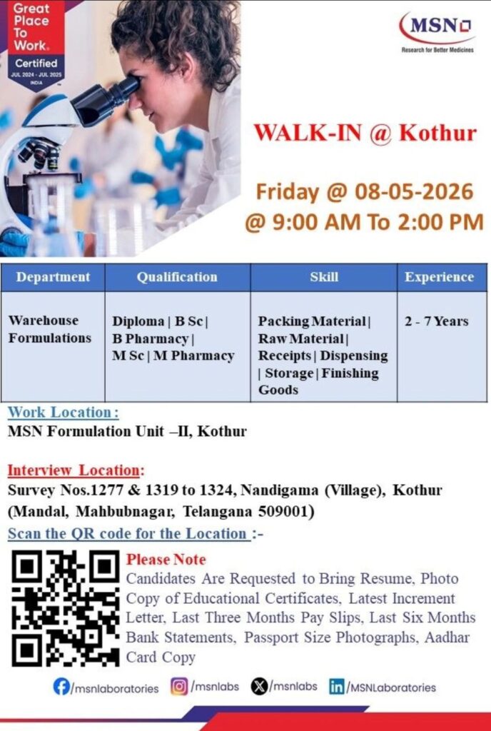 MSN Laboratories Walk-In Interview | Warehouse Jobs 