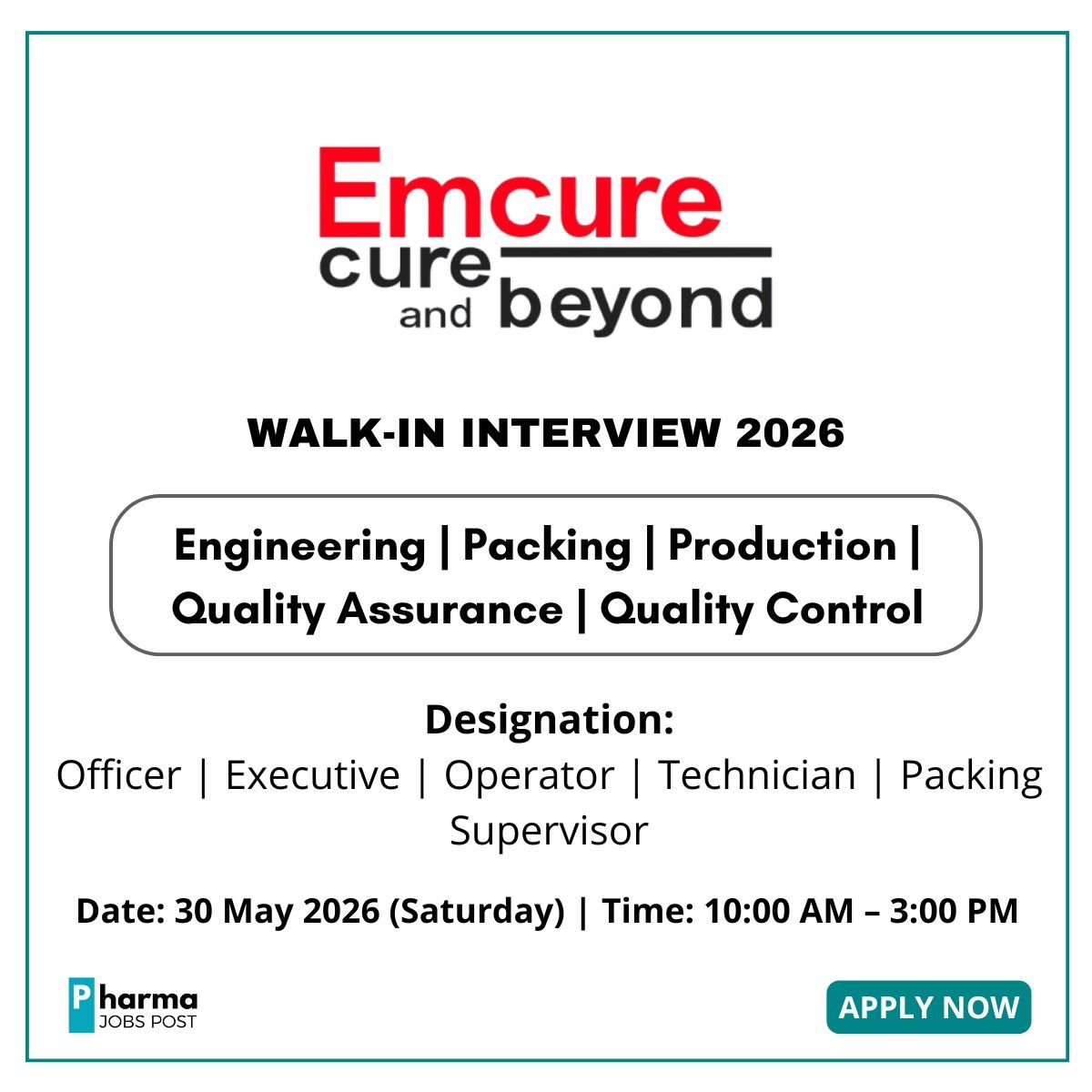 Emcure Pharmaceuticals Walk-In Interview 2026 for Production, QA, QC ...