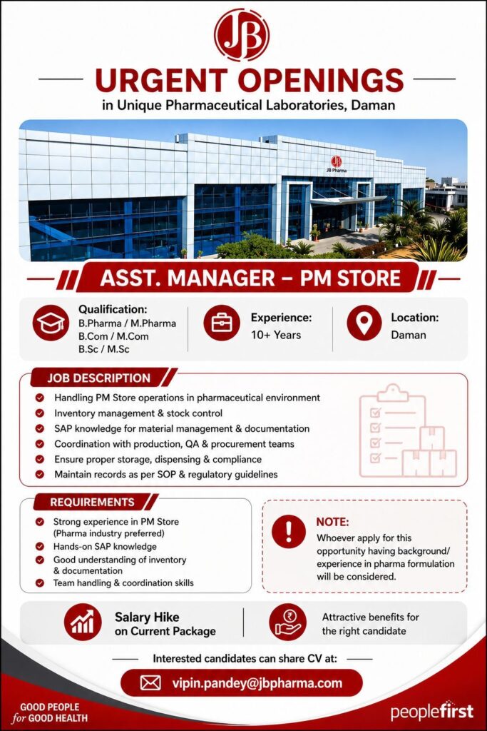 Urgent Hiring: Assistant Manager – PM Store | JB Pharma | Daman