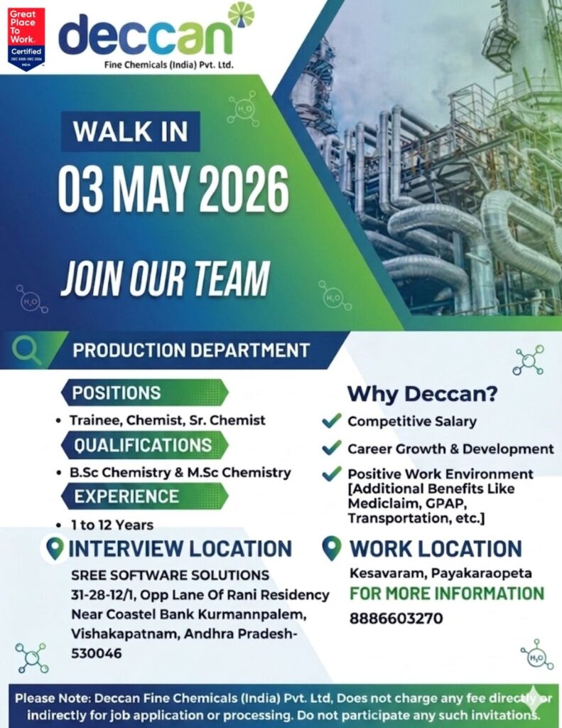 Deccan Fine Chemicals Walk-In Drive | Chemist & Trainee Jobs
