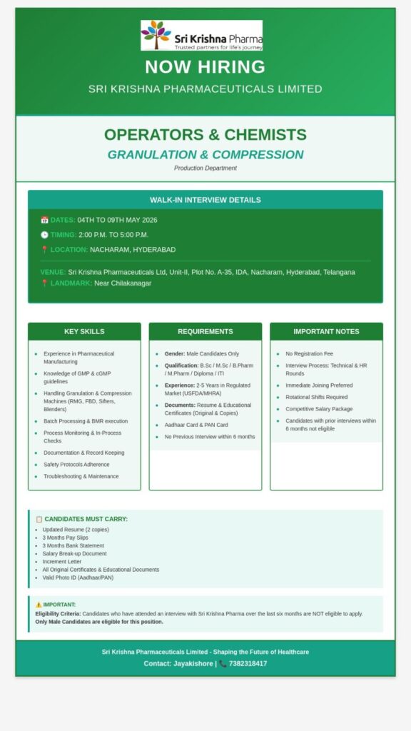Sri Krishna Pharmaceuticals Walk-In Drive for Operators & Chemists in Hyderabad