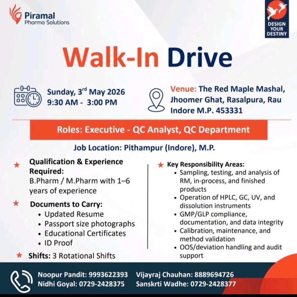Piramal Pharma Solutions Walk-In Drive | QC Analyst Jobs in Indore