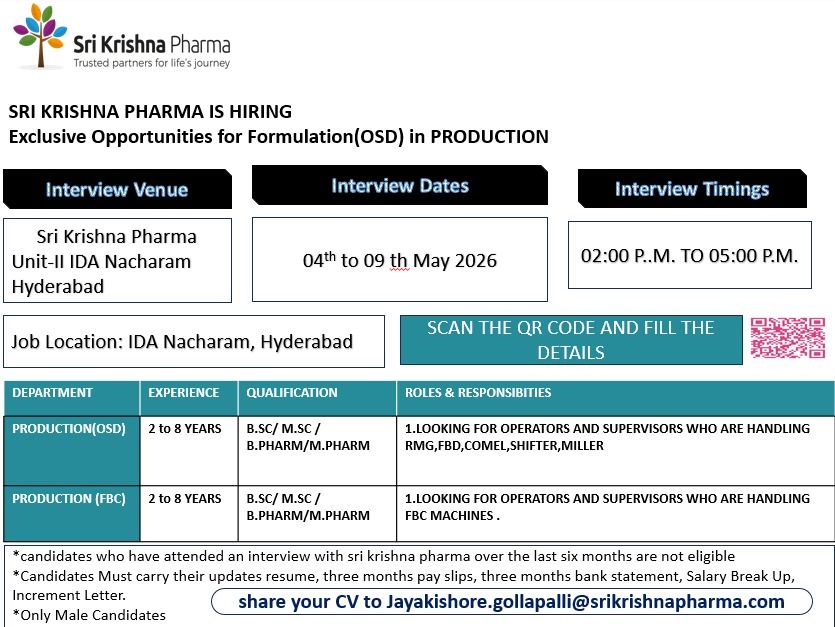 Sri Krishna Pharma Walk-In Interview | QC, QA, IPQA & Production Jobs