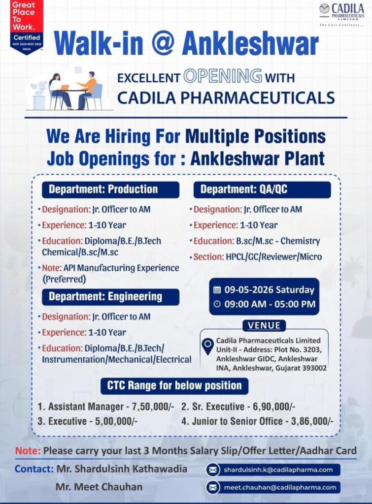 Cadila Pharmaceuticals is hiring for Production, QA/QC, and Engineering dept