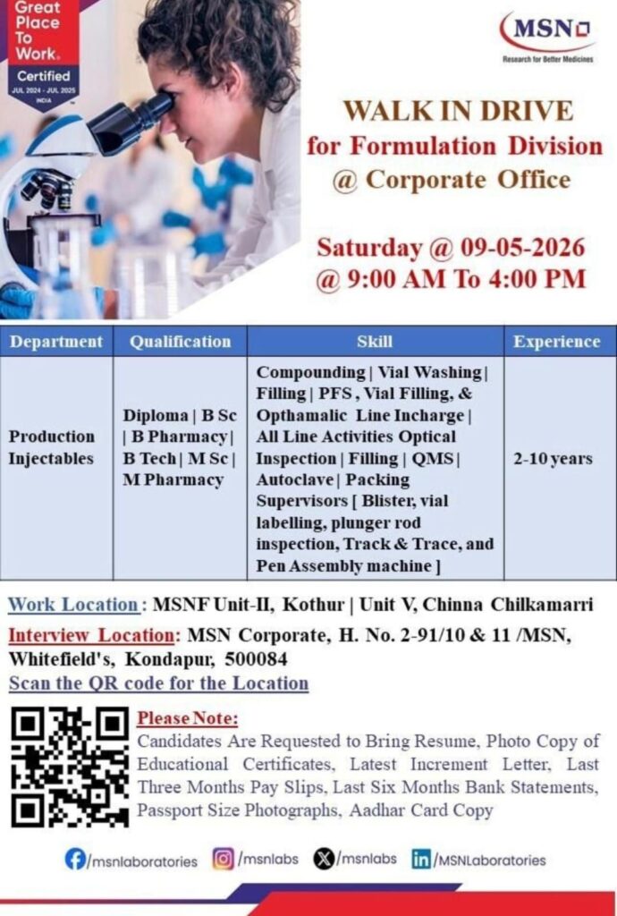 MSN Laboratories Walk-In Drive| QC, QA, Microbiology & Production Jobs