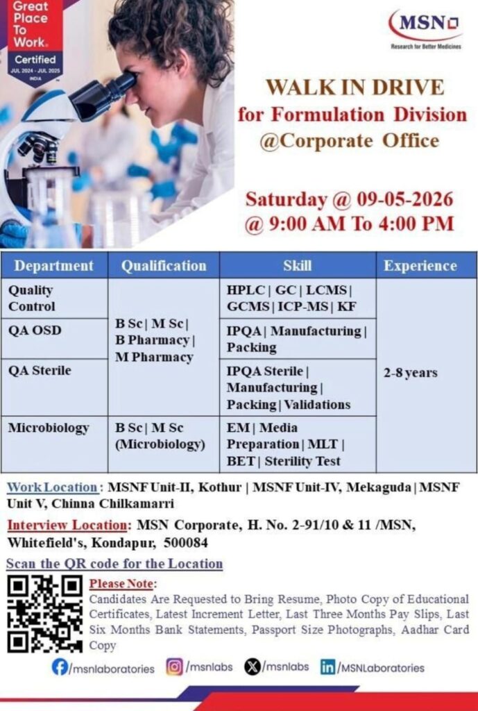 MSN Laboratories Walk-In Drive| QC, QA, Microbiology & Production Jobs