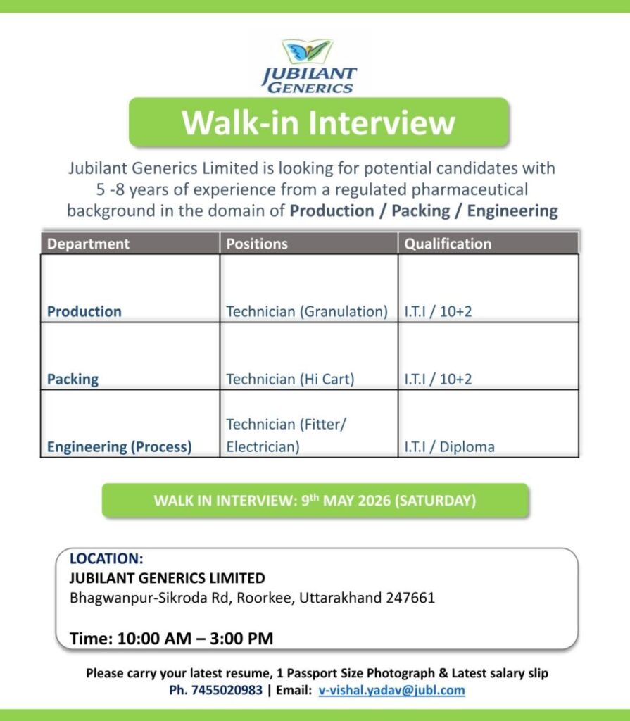 Jubilant Generics Roorkee Walk-In Drive for Production & Engineering Roles