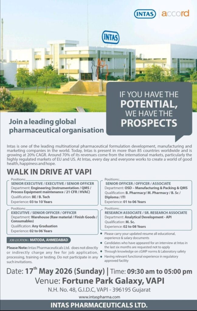Intas Pharmaceuticals Walk-In Drive 2026 