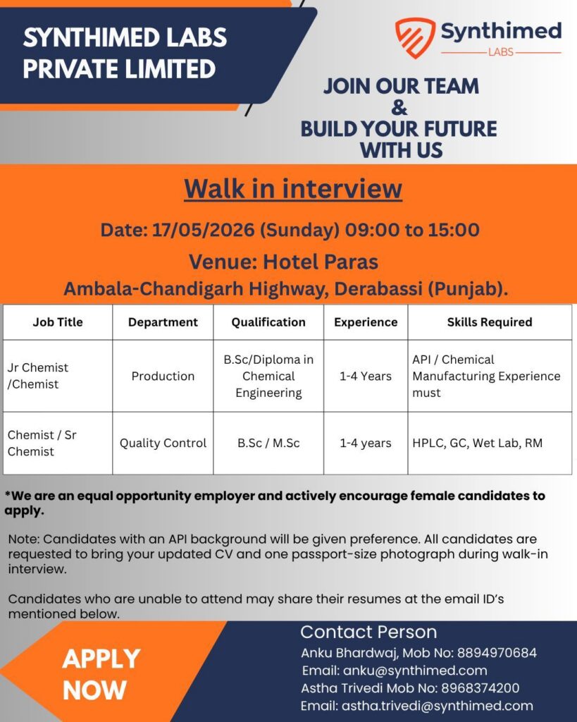 Synthimed Labs Private Limited is conducting a walk-in interview on 17 May 2026