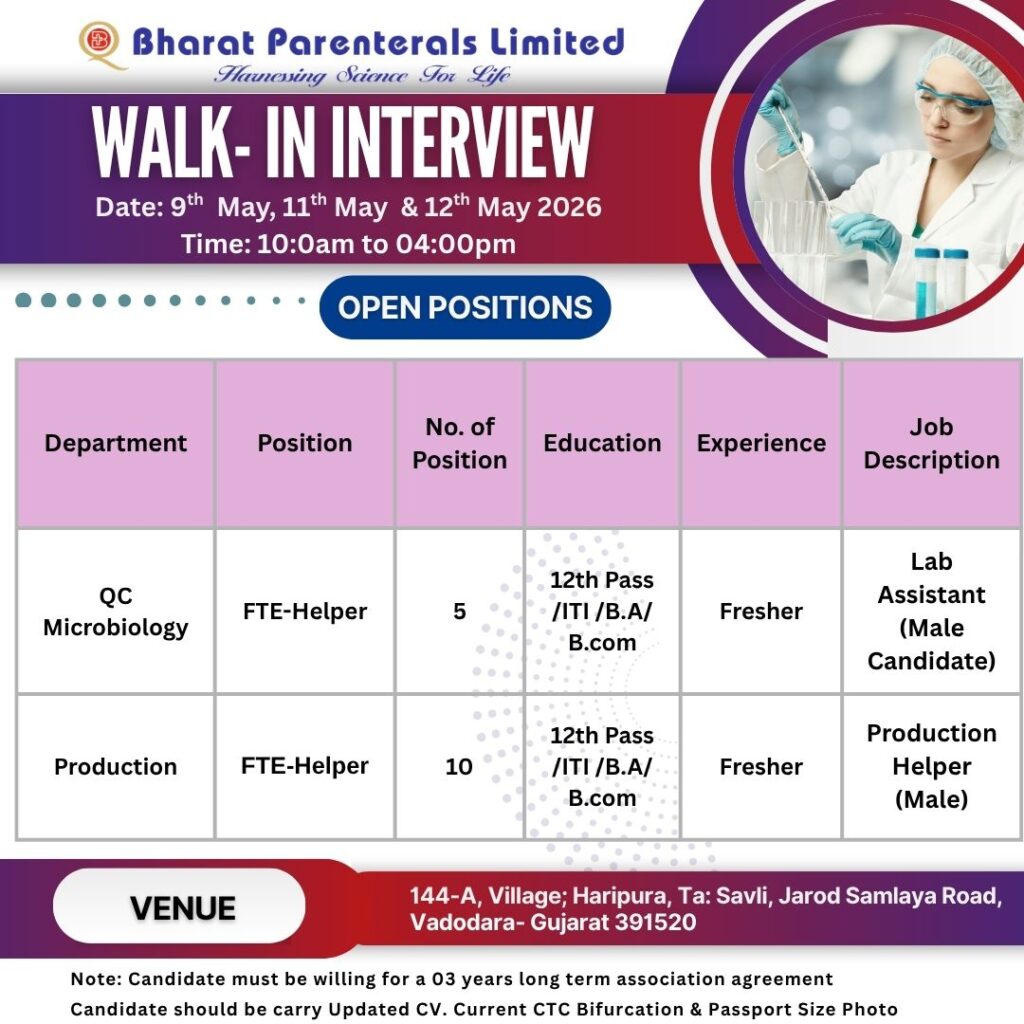 Bharat Parenterals Limited Walk-In Interview 2026 for Freshers & Experienced