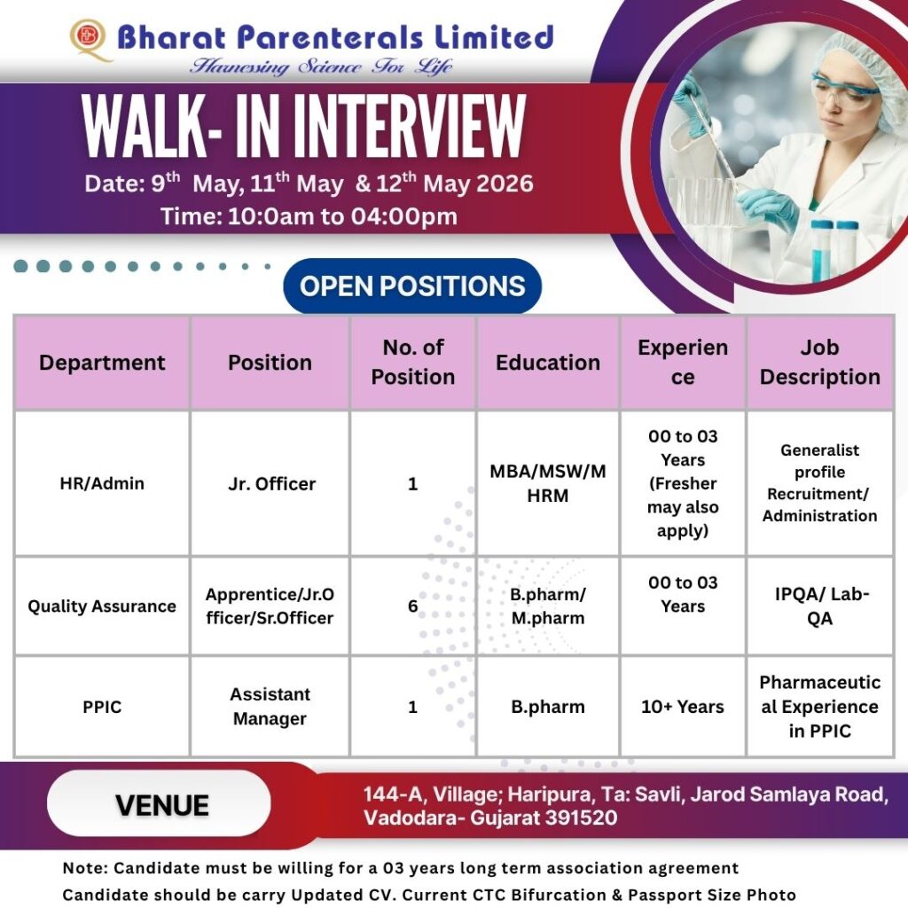 Bharat Parenterals Limited Walk-In Interview for Freshers & Experienced