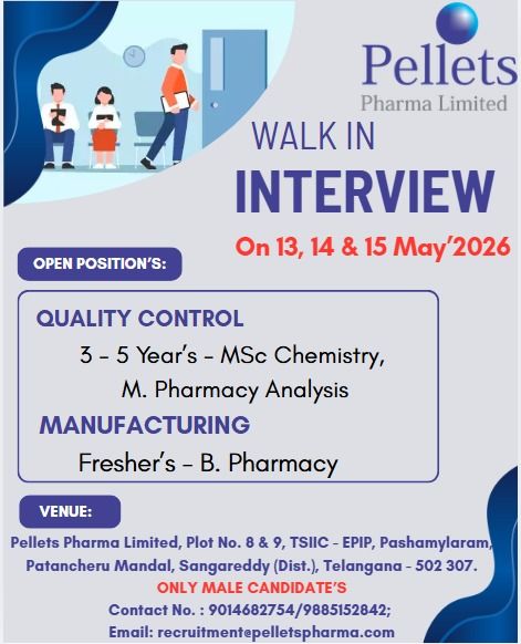 Pellets Pharma Limited Walk-In Interview for QC & Manufacturing Jobs in Telangana