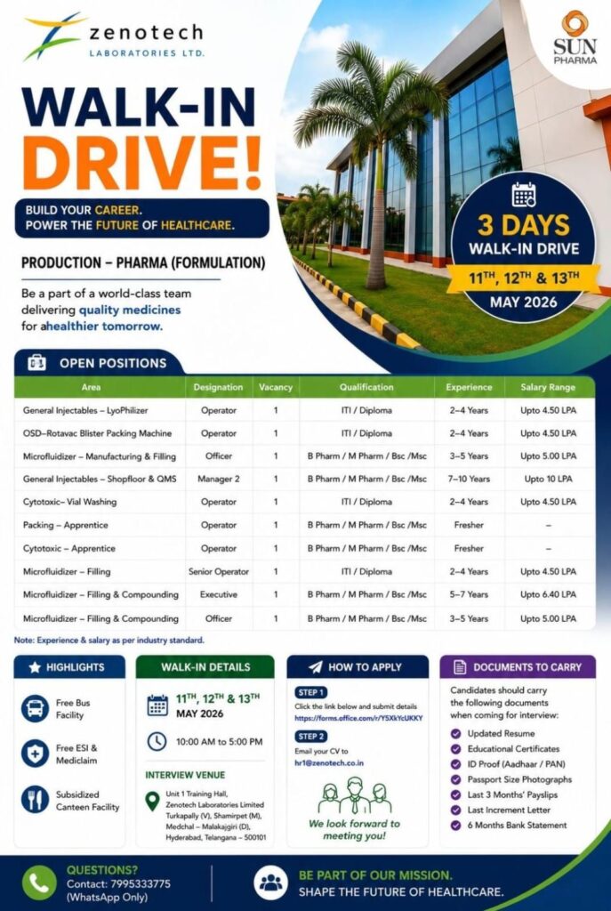 Zenotech Laboratories Walk-In Drive| Production Pharma Jobs in Hyderabad