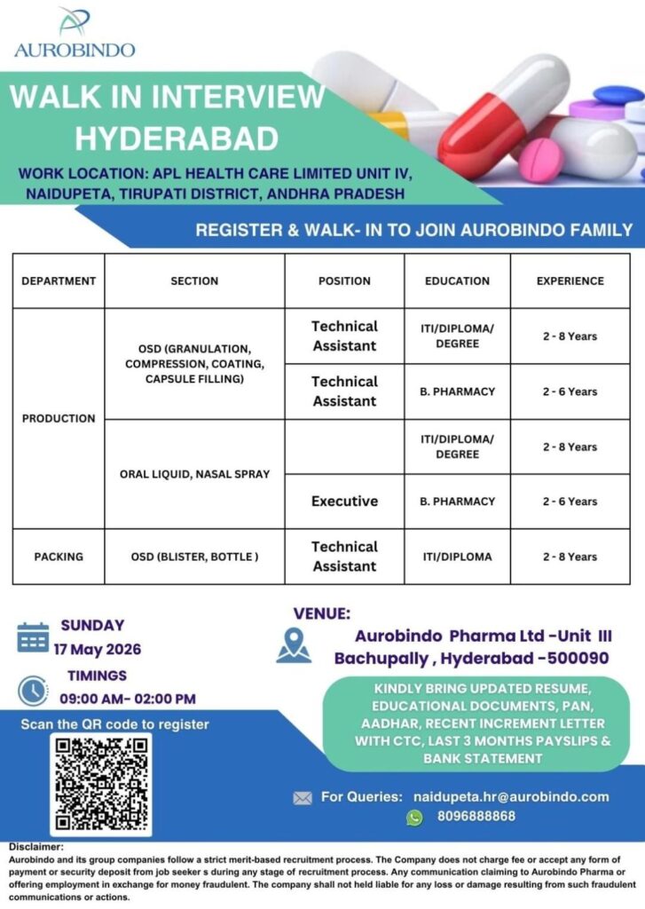 Aurobindo Pharma Walk-In Interview for Production, Packing & OSD Departments