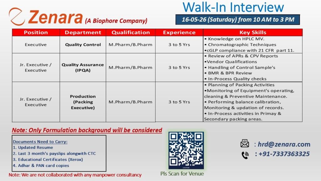 Zenara Walk-In Interview| QC, QA & Production Jobs