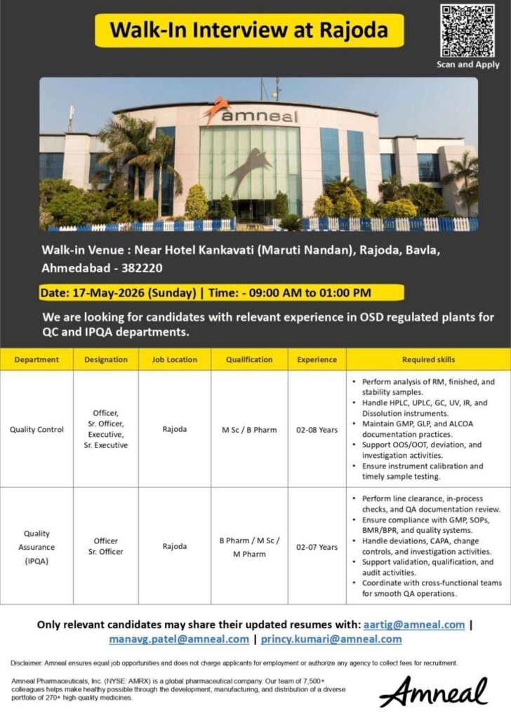 Amneal Pharmaceuticals Walk-In Interview | QC & IPQA jobs 