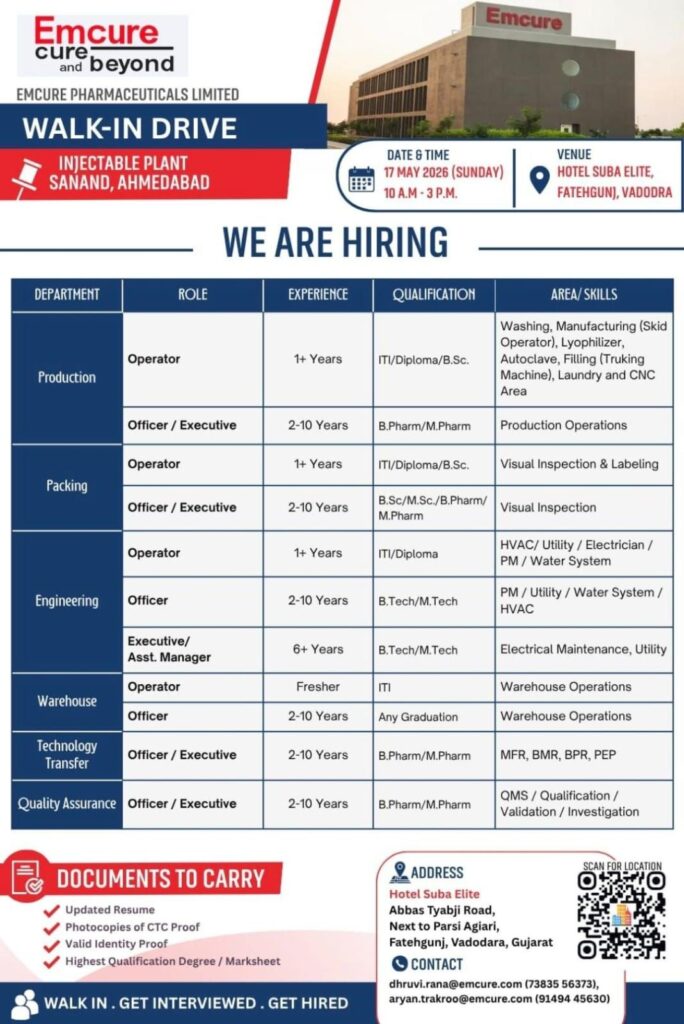 Emcure Pharmaceuticals Walk-In Drive for Production, QA, Engineering & Packing Roles