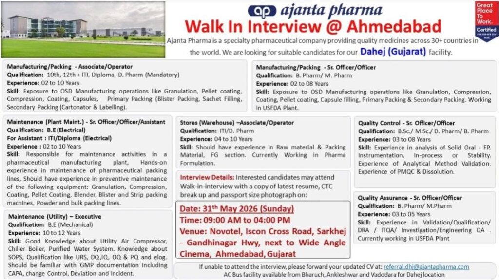 Ajanta Pharma Walk-In Interview for Manufacturing, QC, QA & Maintenance Roles