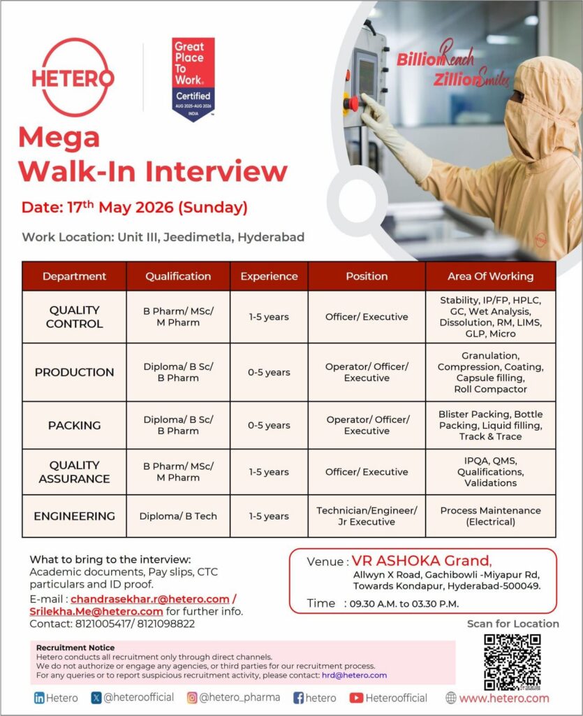 Hetero is conducting a Mega Walk-In Interview in Hyderabad
