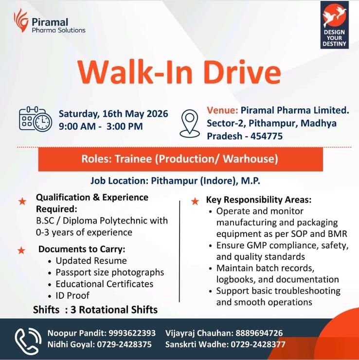 Piramal Pharma Solutions is conducting a walk-in drive for Trainee roles