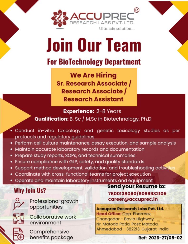 Accuprec Research Labs Hiring Biotechnology Professionals