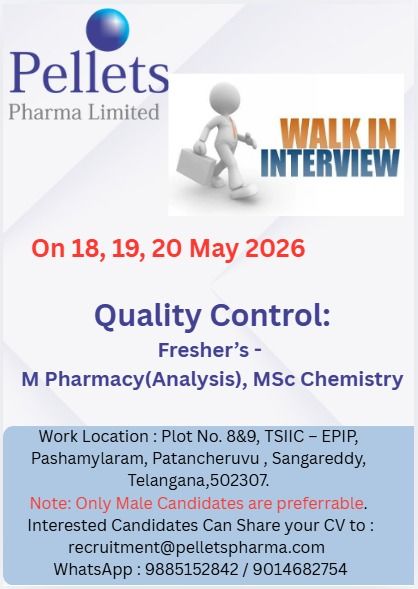 Pellets Pharma Limited is hiring freshers for Quality Control roles