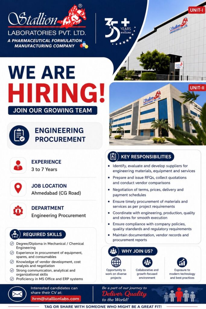 Stallion Laboratories Hiring Regulatory Affairs & Engineering Procurement