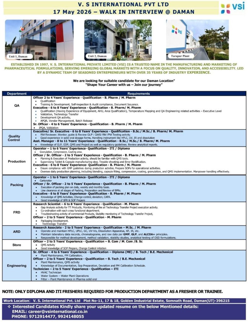 V. S International Pvt Ltd Walk-In Interview 2026 – Multiple Openings at Daman