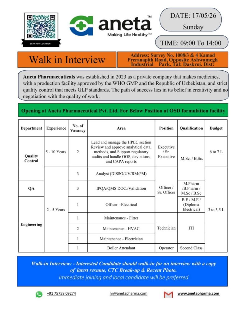 Aneta Pharmaceuticals Walk-In Interview | QC, QA & Engineering Openings